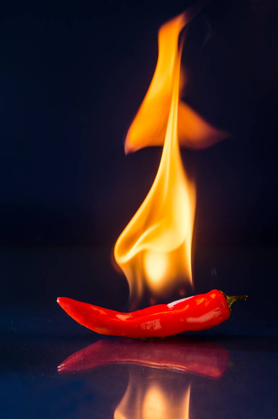 Pimienta picante roja sobre fondo negro con llama - Foto, Imagen