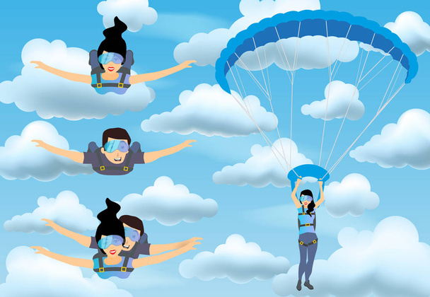 Σύνολο χαρακτήρων skydivers αλεξιπτωτιστής. Skydiver άνδρας και η γυναίκα φέρουν στο θολό μπλε του ουρανού. Tandem skydiving. - Διάνυσμα, εικόνα