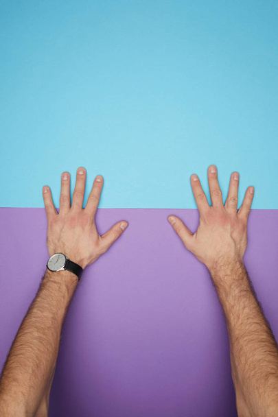 plano recortado de manos masculinas sobre papel de color azul y violeta
 - Foto, Imagen