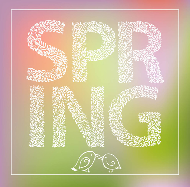 Lettering SPRING. White  Letters made with leaves on green and yellow Background. Vector Text for Greeting Card. - Vektor, obrázek