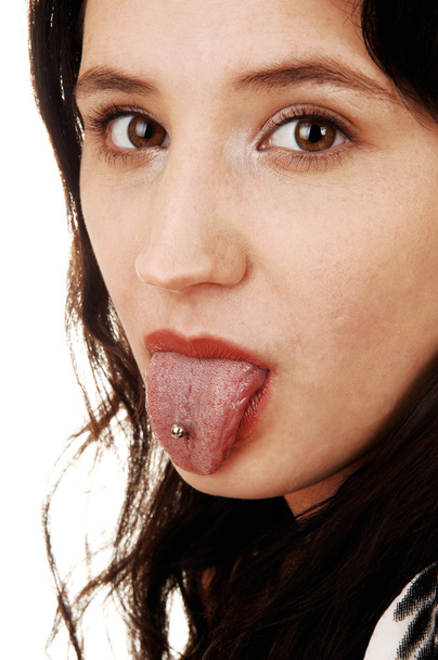舌を見せる少女. - 写真・画像