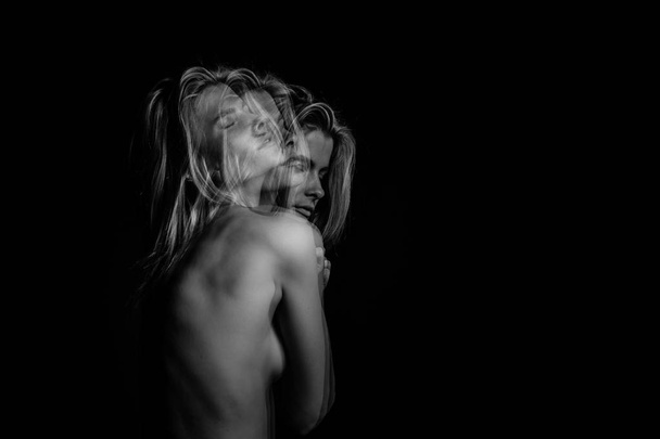 adorable woman smiling enjoing body. Creative triple Multiple exposure black and white photo. Emotional portrait - 写真・画像