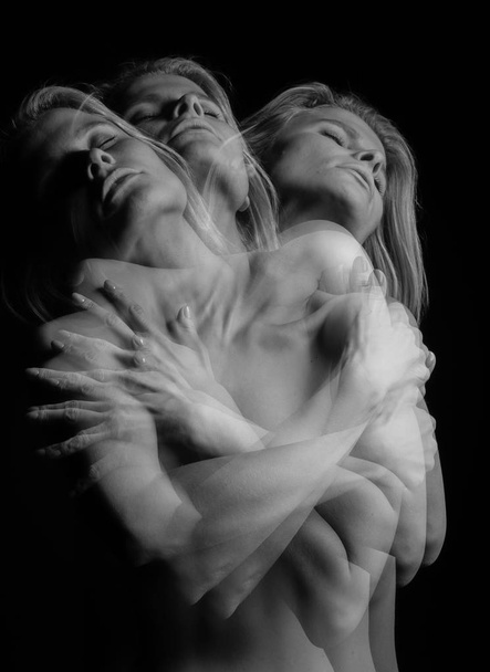 torment, doubt, pleasure, longing, loneliness mood portrait. triple Multiple exposure black and white photo - Фото, изображение