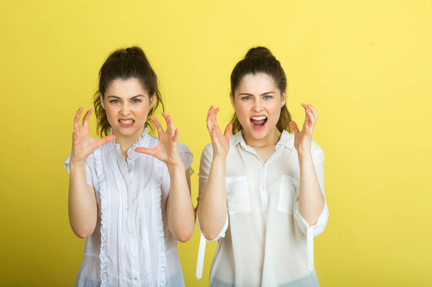 two beautiful young girl sisters twins in white blouses on a yellow background with expression on their faces - Fotografie, Obrázek
