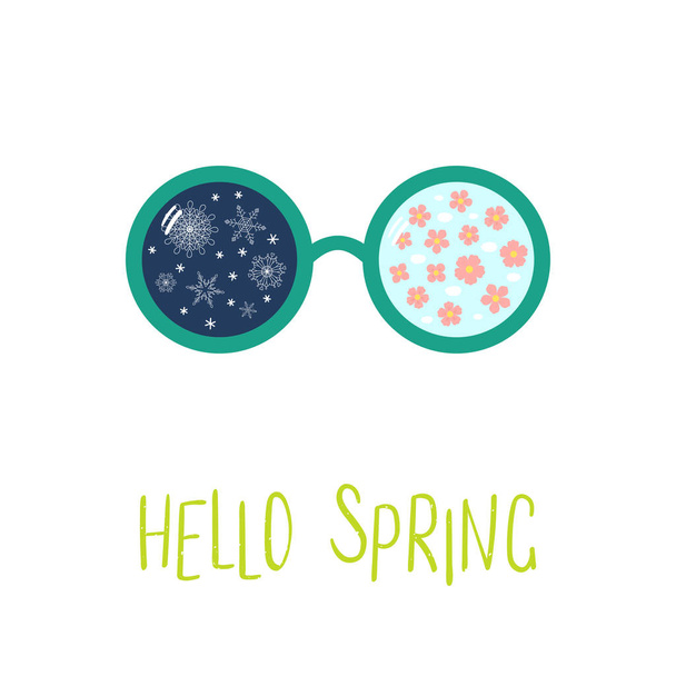 Hand getekende zonnebril met sneeuwvlokken en kersenbloesem tot uiting binnen lenzen met tekst Hello Spring, vector, illustratie - Vector, afbeelding