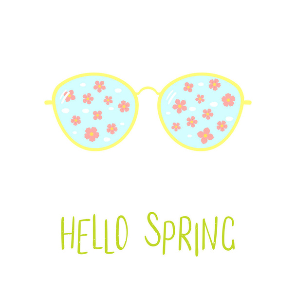 Hand drawn sunglasses with falling cherry blossoms reflected inside lenses and text Hello Spring, vector, illustration - Vecteur, image