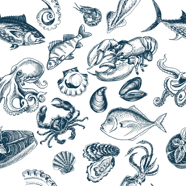 Seamless pattern of hand drawn monochrome sketch of fish - Vector, Imagen