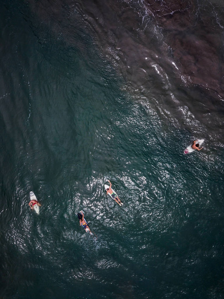 Η surfer βόλτες και κολυμπάει στον πίνακα ανατομής τα κύματα του ωκεανού. Βαθιά και απέραντο ωκεανό. Εναέρια άποψη με αντίγραφο χώρου. - Φωτογραφία, εικόνα