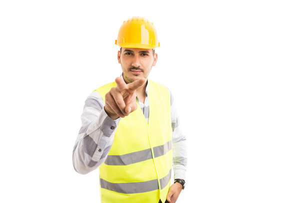 Builder or worker making I'm watching you gestur - Fotoğraf, Görsel