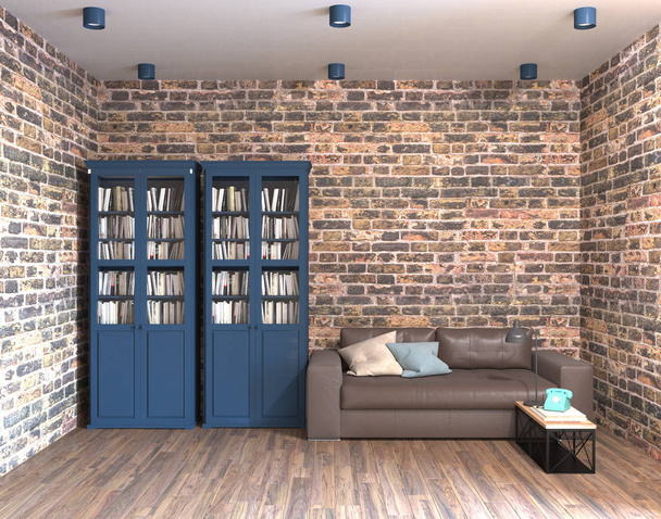 3d representación de loft sala de estar con bibliotheca y pared de ladrillo
 - Foto, Imagen