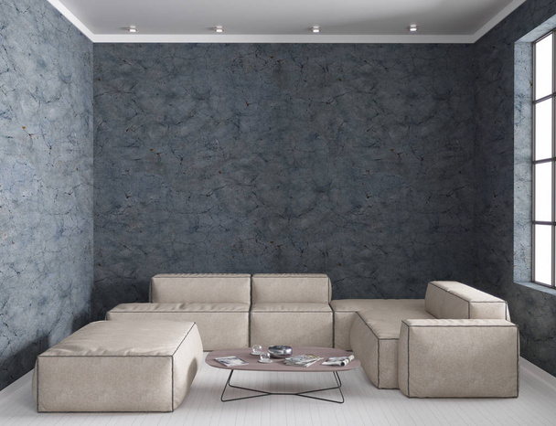 renderingu 3D loft salon z dużą sofą i duże okna - Zdjęcie, obraz