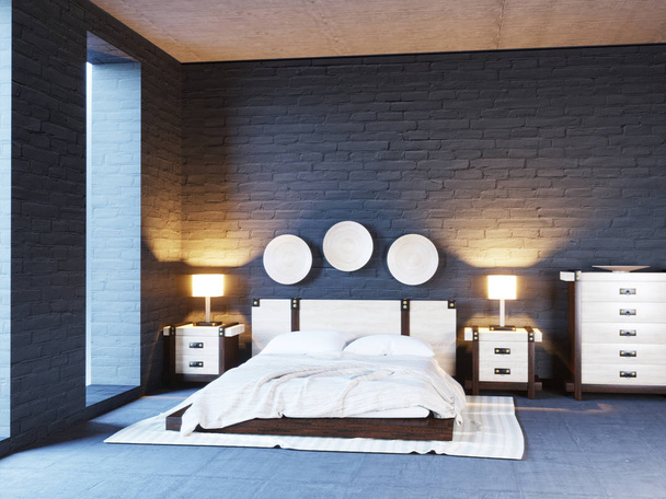 Arka duvar lüks çatı katı yatak odası aydınlatma ile 3D render - Fotoğraf, Görsel