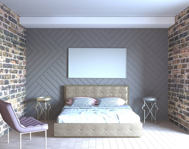 çatı katı yatak odası iç 3D render - Fotoğraf, Görsel