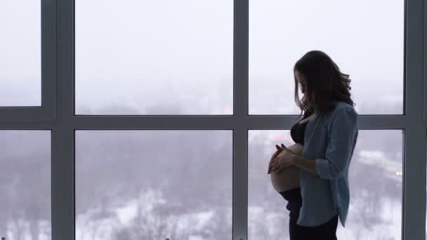 Una mujer embarazada feliz se encuentra en una gran ventana panorámica situada a gran altura. Se toca el estómago con las manos y se comunica sonriente con el bebé en el estómago. Mira el
 - Metraje, vídeo