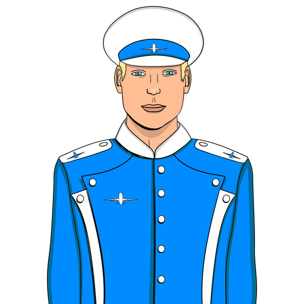 Pop art szórólap ember kék egyenruhában. Utánzat képregény stílusban. Vektoros objektum, egy fehér háttér. Repülőgép pilóta vagy a pilóta. - Vektor, kép