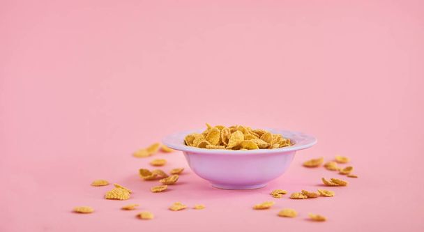 Piatto blu con cereali su fondo rosa. Design mockup con spazio per inserire il testo
 - Foto, immagini