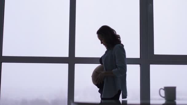 Eine glückliche Schwangere steht an einem großen Panoramafenster in großer Höhe. er berührt seinen Bauch mit den Händen und kommuniziert lächelnd mit dem Baby im Bauch - Filmmaterial, Video