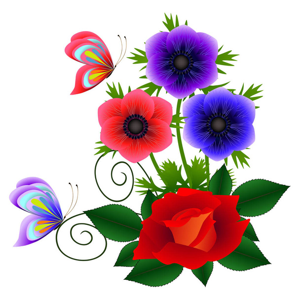 Цветочный фон с анемонами, розами и бабочками, элемент дизайна
. - Вектор,изображение