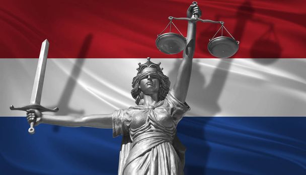 Cover about Law. Statue of god of justice Themis with Flag of Netherlands background. Original Statue of Justice. Femida, with scale, symbol of justice with Netherlands flag, 3d rendering. - Photo, Image