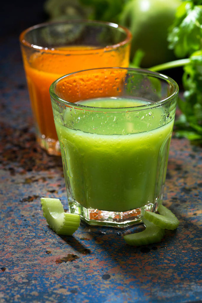 glasses of fresh juice from celery and carrots, vertical - Photo, Image