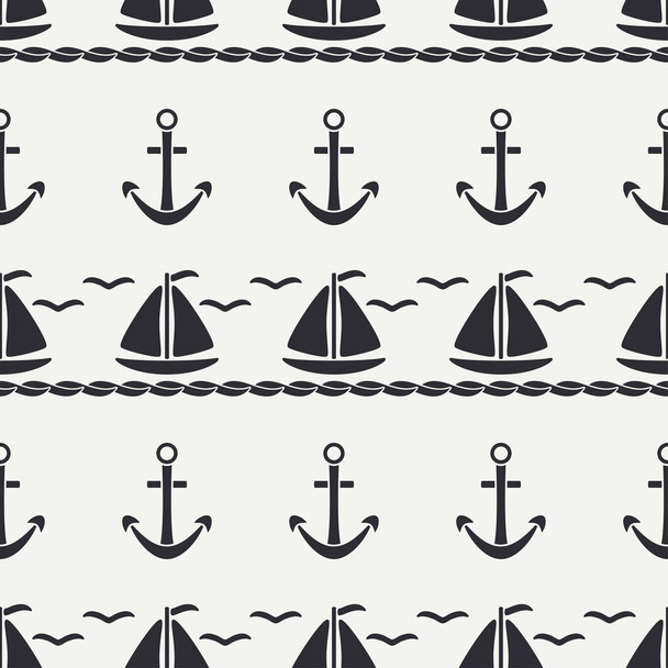 Flat line monochrome vector seamless pattern ocean boat with sail, anchor. Cartoon retro style. Regatta. Seagull. Summer vacation journey. Yacht. Illustration and element for your design wallpaper. - Vecteur, image
