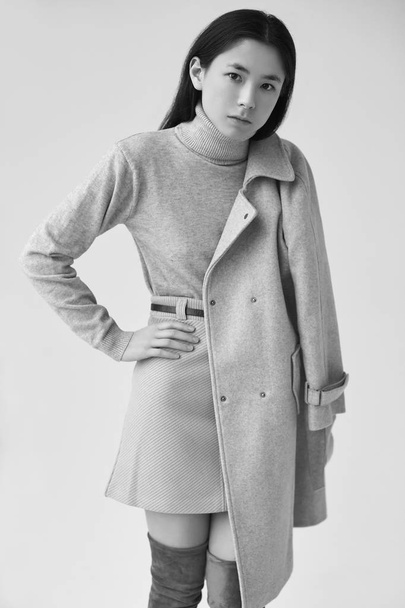 Elegant asian woman in fashionable woolen coat and classic skirt - Fotografie, Obrázek