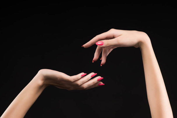 beautiful woman hands with pink manicure on the nails isolated o - Foto, imagen