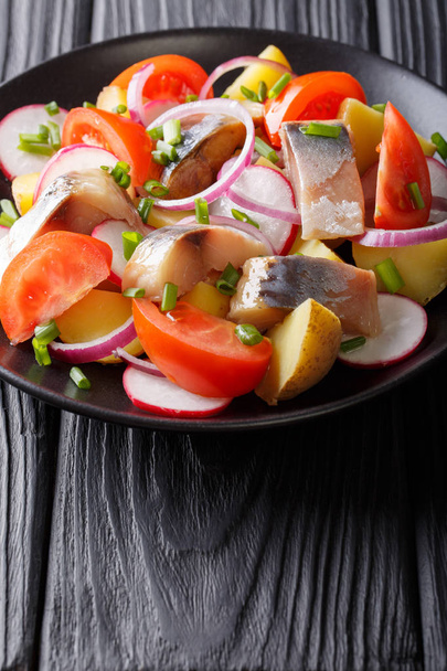 Салат из овощей с копченой скумбрии крупным планом на тарелке. Ve
 - Фото, изображение