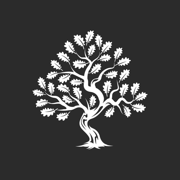 Huge and sacred oak tree silhouette logo badge isolated on dark background. Modern vector national tradition green plant icon sign design. Premium quality organic bonsai logotype flat illustration. - Vektor, kép