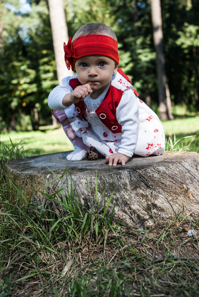 Een portret van een meisje van de baby van negen maanden in een rode hoofdband zit op een boomstronk in een groene zomer park. - Foto, afbeelding