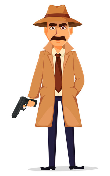 Detective con sombrero y abrigo. Carácter guapo
 - Vector, imagen