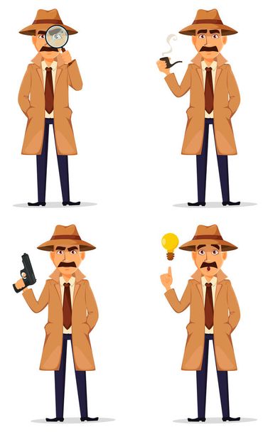 Detective in hat and coat. Handsome character - Vector, Image