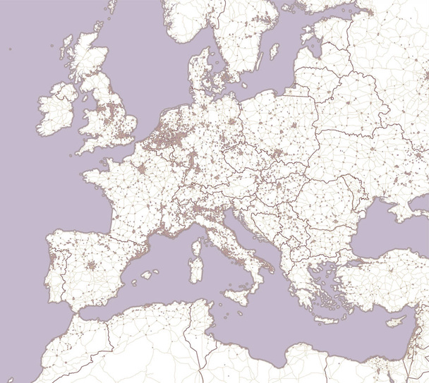 Euroopan ja Pohjois-Afrikan katukartta ja poliittinen kartta. Euroopan kaupungit. Poliittinen kartta valtioiden rajalla. Kaupunkialueet. Katuhakemisto, atlas
. - Vektori, kuva