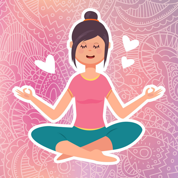vector illustration design of cartoon yoga icon with cute woman in harmony on colored background - Vector, Image