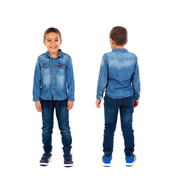 cute little African boy in denim shirt and jeans isolated on white background - Valokuva, kuva