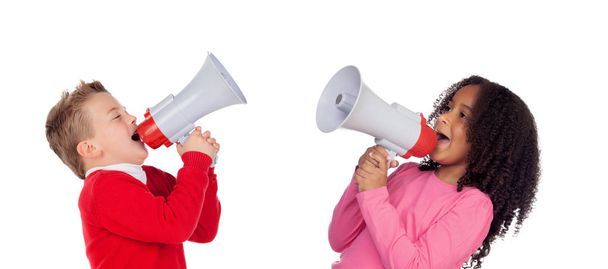 funny little boy and girl shouting through megaphones isolated on white background - Zdjęcie, obraz