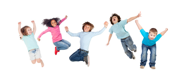 gek weinig kinderen springen geïsoleerd op een witte achtergrond - Foto, afbeelding