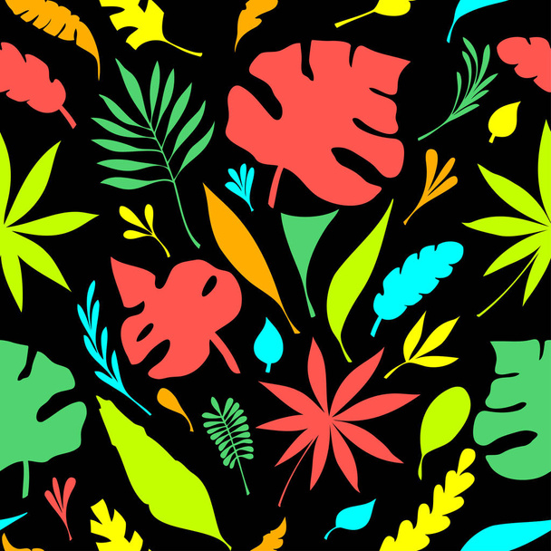 Modello piatto senza cuciture da disegnare a mano silhouette di foglie tropicali colorate su nero per pacchetto di design creativo di cosmetici o profumi o per la progettazione di tema botanico
 - Vettoriali, immagini