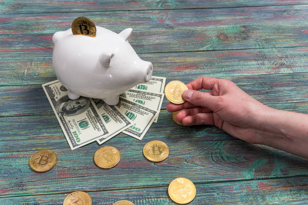 Witte piggy bank met een gouden bitcoin munt - Foto, afbeelding
