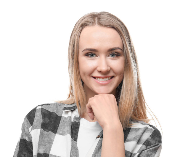 Portrait of beautiful smiling woman on white background - Photo, image