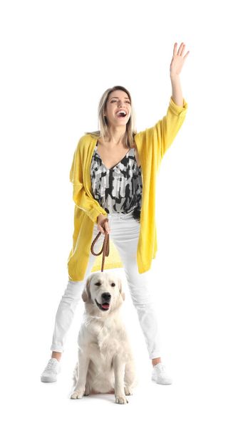 Portrait of happy woman with her dog on white background - Foto, imagen