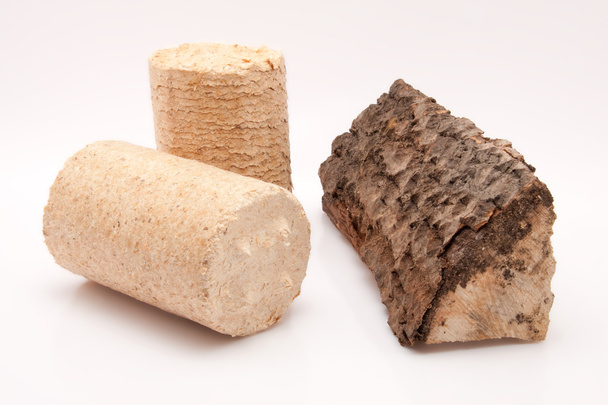Pedaço de lenha e um briquete de madeira isolado sobre fundo branco
 - Foto, Imagem