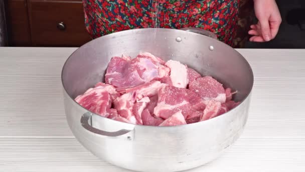 čerstvé syrové maso steak na dřevěném prkénku detail syrového masa a ingredience na dřevěné desce - Záběry, video