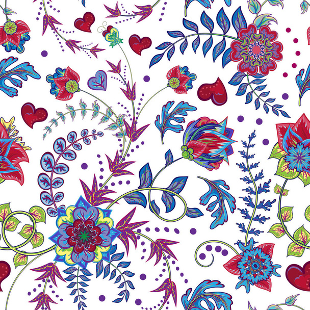 Fashion seamless texture with fantasy flowers. Vector hand drawing seamless pattern. Bright red green blue on white background. - Вектор,изображение