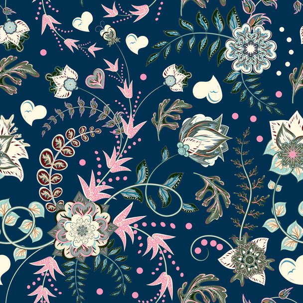 Fashion seamless texture with fantasy flowers. Vector hand drawing seamless pattern. Pink gray floral pattern on blue background. - Vektör, Görsel