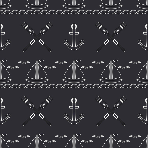 Flat line monochrome vector seamless pattern ocean boat, sail, paddle, anchor. Cartoon retro style. Regatta. Seagull. Summer vacation journey. Yacht. Illustration and element for your design wallpaper - Vektor, obrázek
