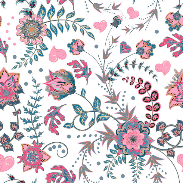 Seamless floral background. Tracery handmade nature ethnic fabric backdrop pattern with flowers. Textile design texture. Decorative color art. Vector. Pastel pink blue gray on white. - Διάνυσμα, εικόνα