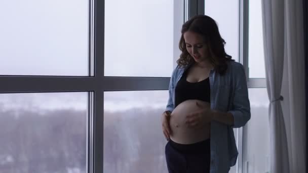 幸せな妊娠中の女性は、高い標高に位置する大パノラマの窓に立っています。彼は彼の手を彼のお腹に触れるし、笑みを浮かべ、お腹の中で赤ちゃん通信します。肖像画、 - 映像、動画