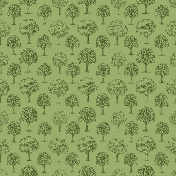 Vector pattern with trees and bushes on green background. - Вектор,изображение