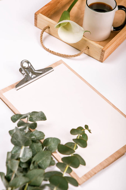 Blank page  wooden tablet  tray plants  - Фото, зображення
